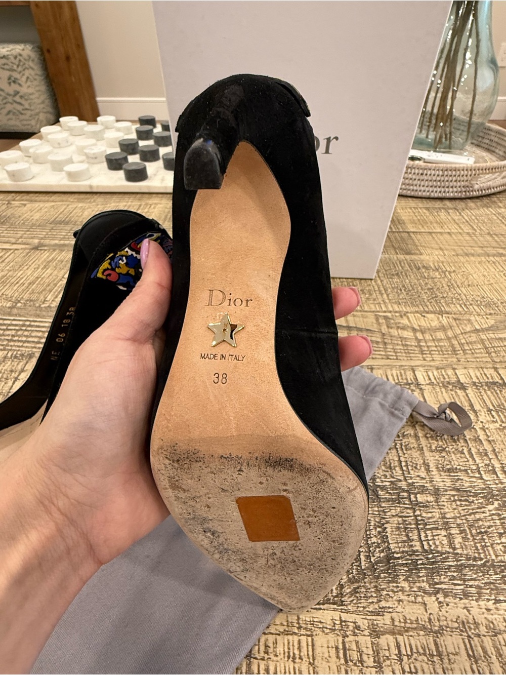 Dior Black Suede Pointed Pumps with Multicolor Embellished Heel Accent - Picture 12 of 15